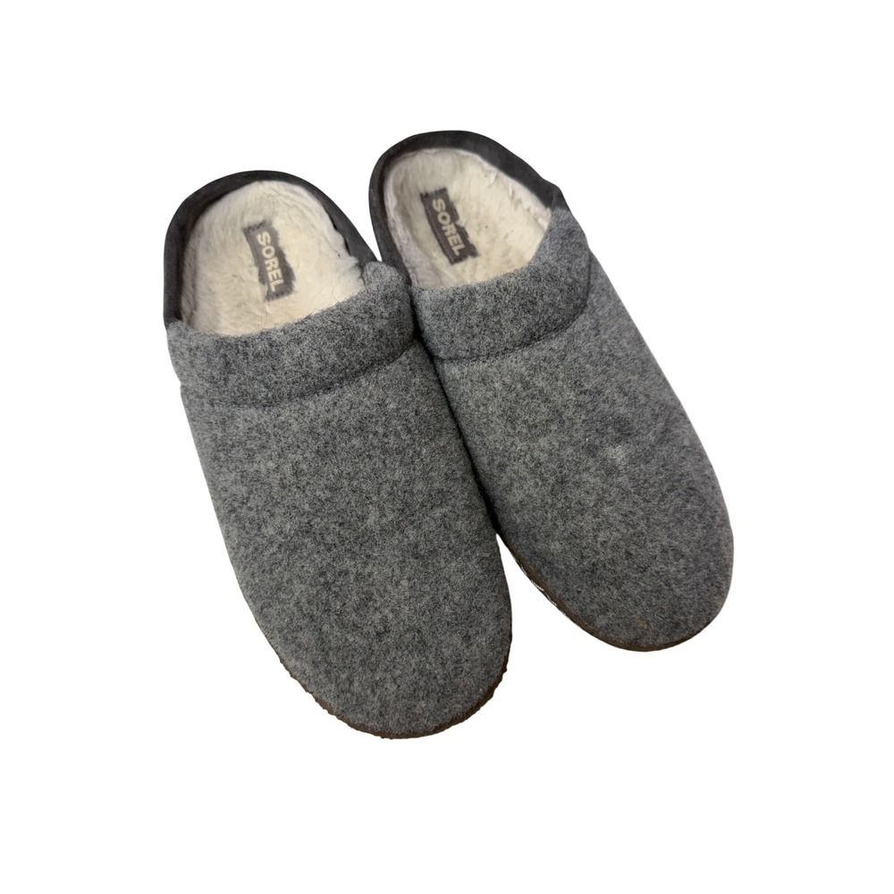 Sorel Nakiska Scuff Slippers Size 12 Gray Wool Felt Faux Fur Cozycore